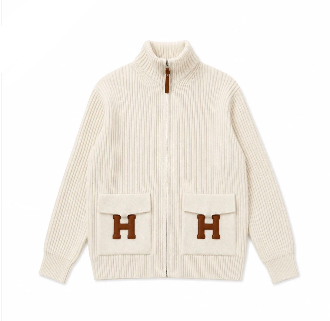 "H" Rib Zip Knit Cardigan